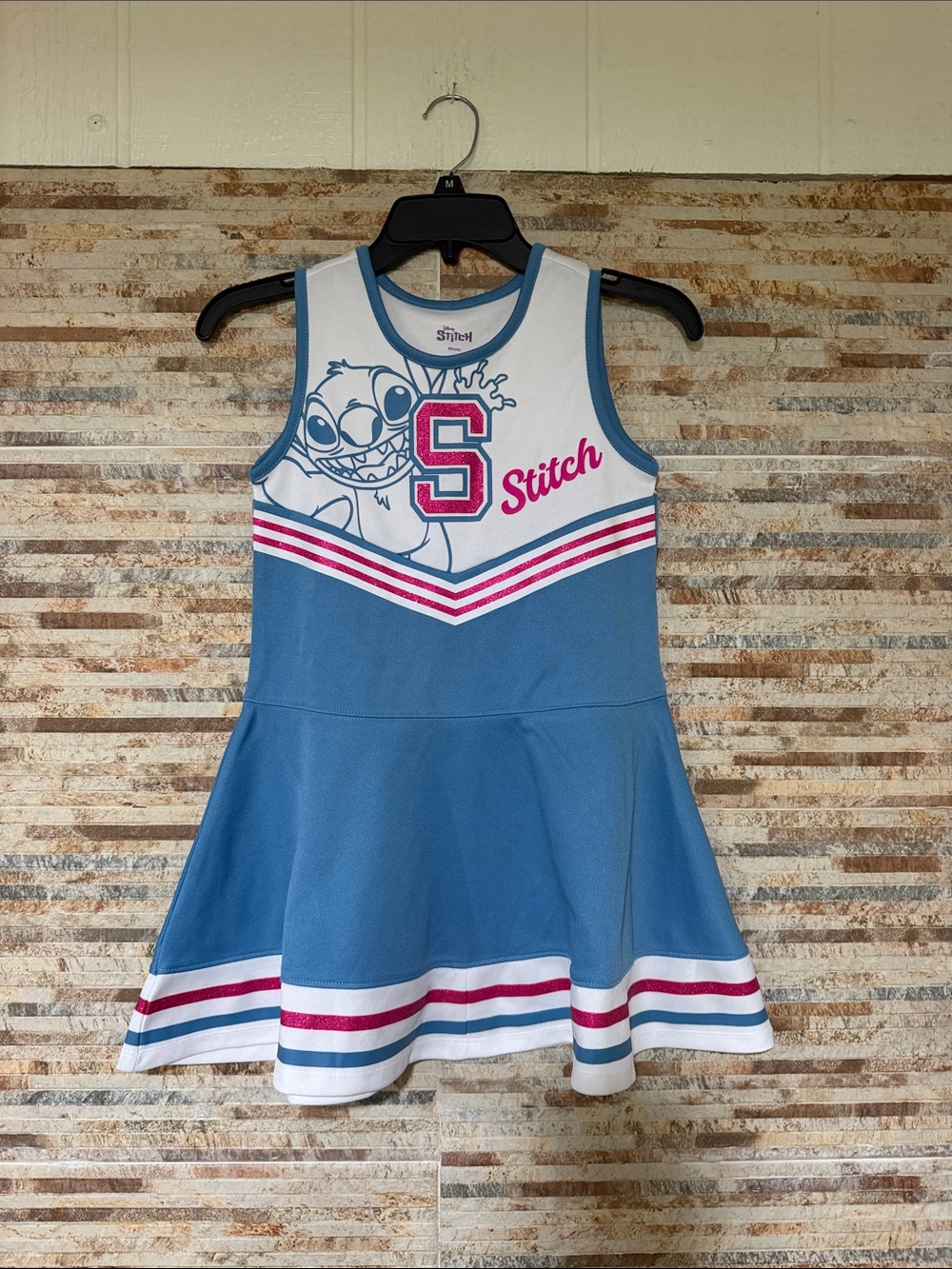 Disney Blue & White Stitch Cheer Dress with Pink Trim & headband